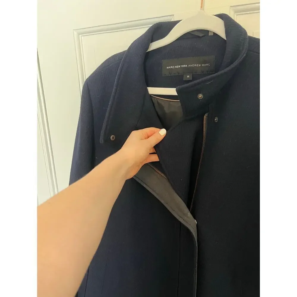 Marc New York Women's M Wool Blend Coat Navy Blue Taylor Twill Zip Jacket Collar